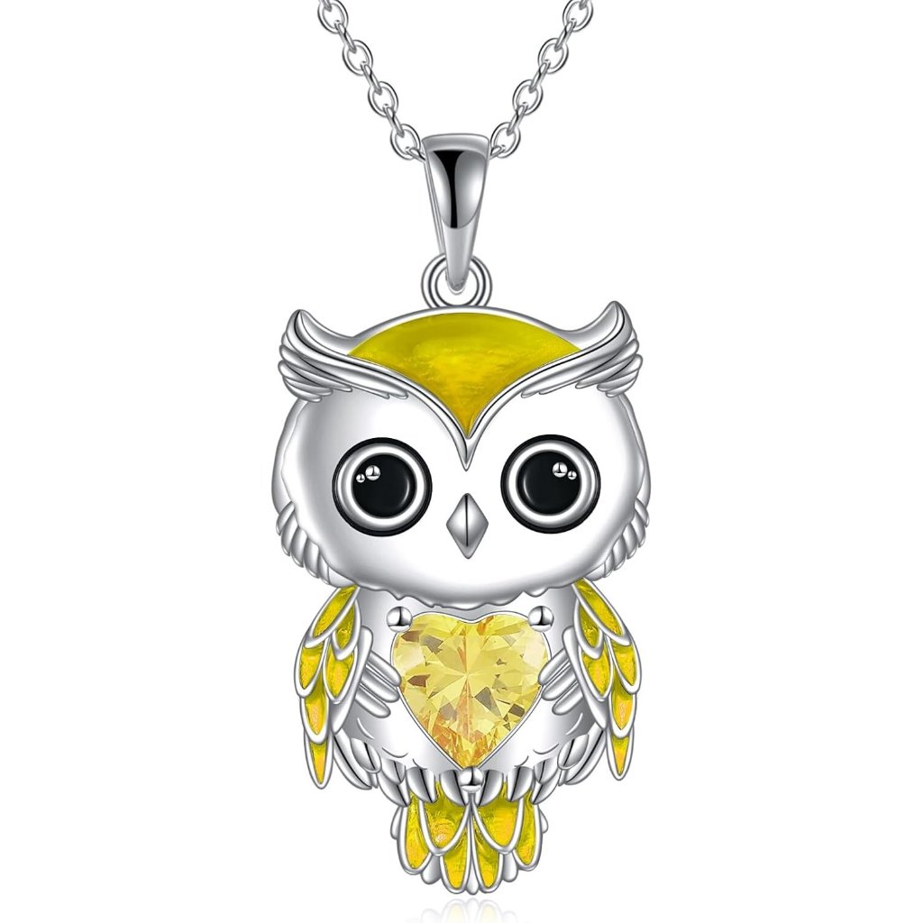 Women's Yellow Sterling Silver Birthstone Cubic Zirconia Pendant Owl Necklace